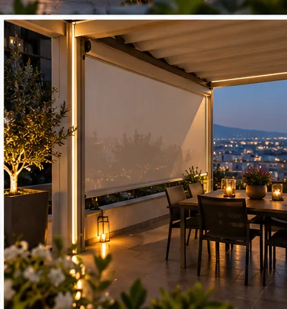 Terrazza arredata con pergotenda e teli laterali retrattili nella luce della sera