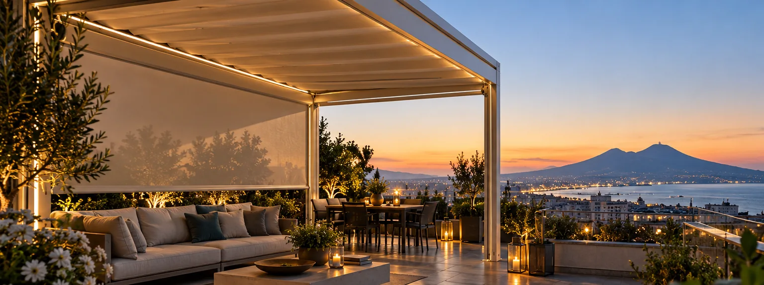 Terrazza con pergotenda e teli laterali retrattili