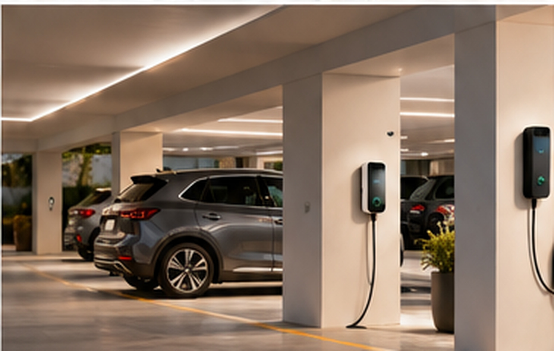 Auto elettriche in ricarica in un'autorimessa moderna e ordinata