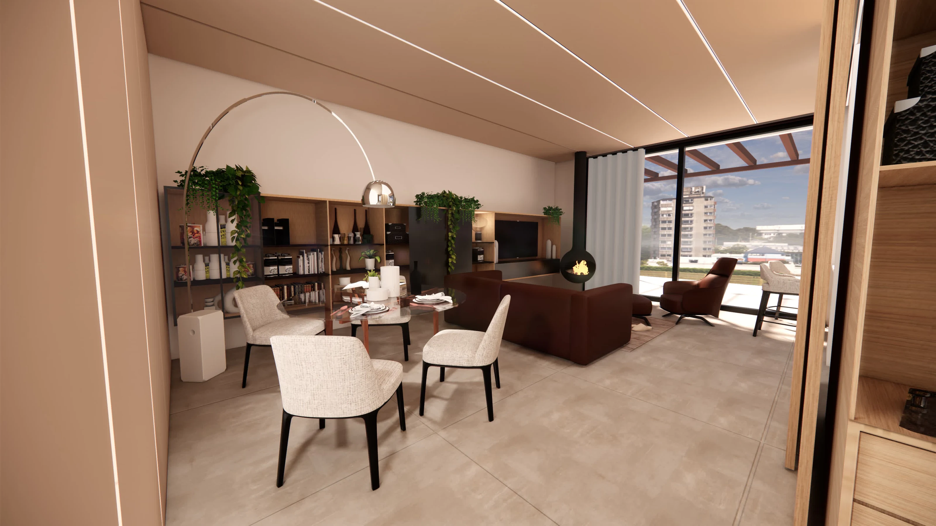 Render del soggiorno aperto verso lo spazio esterno e il giardino