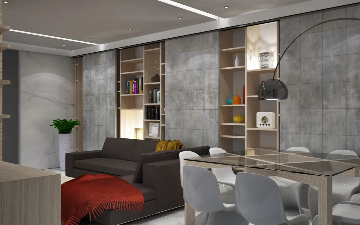 Living della residenza privata con arredi su misura e illuminazione integrata