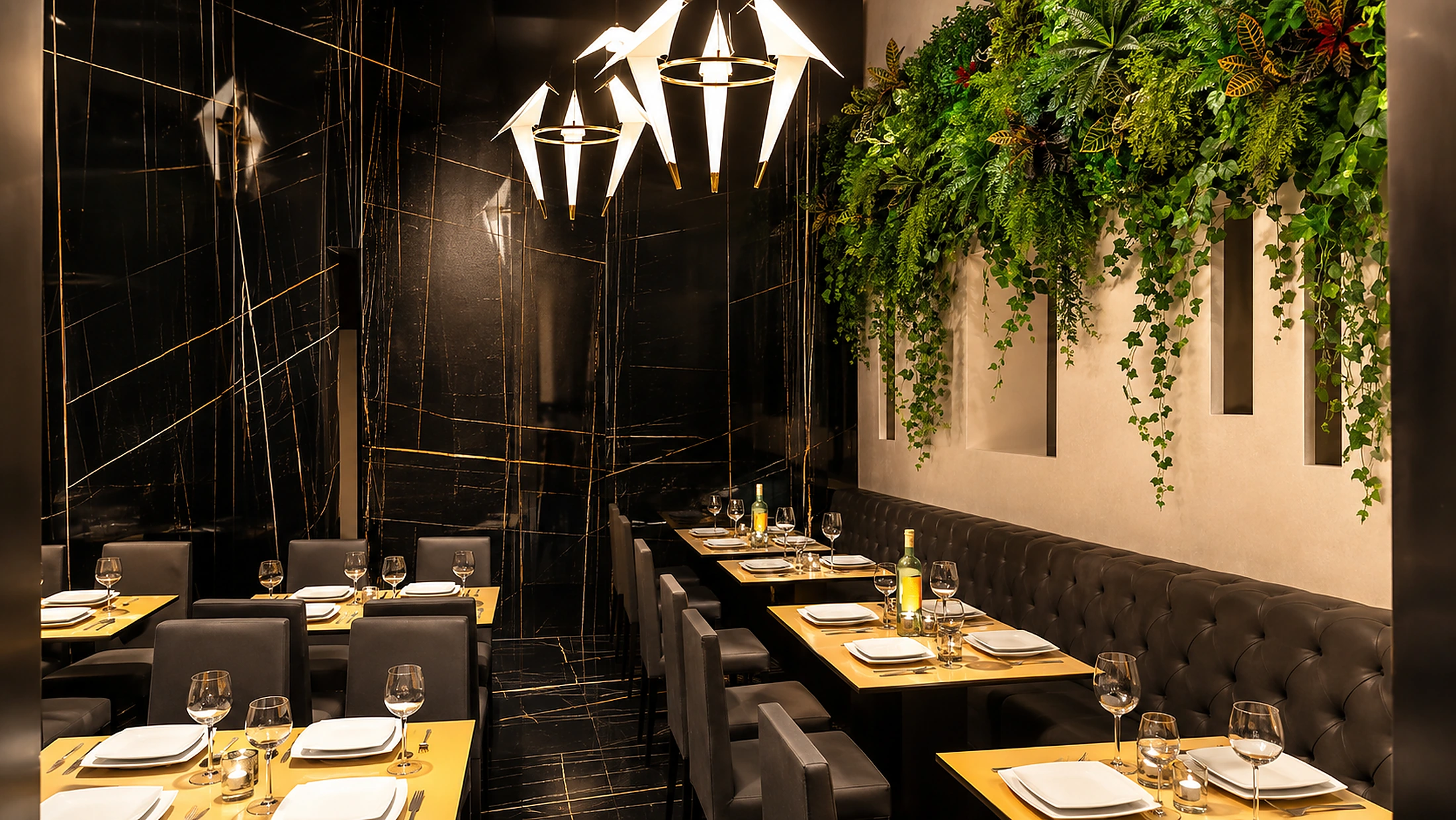 Ristorante a Napoli con superfici Sahara Noire, tavoli in ottone e parete verde
