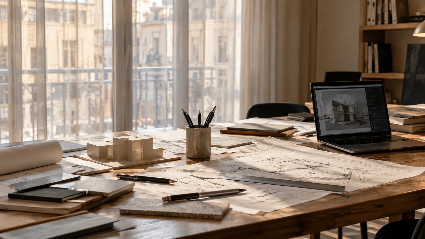 Tavolo di lavoro di uno studio di architettura con disegni, materiali e computer
