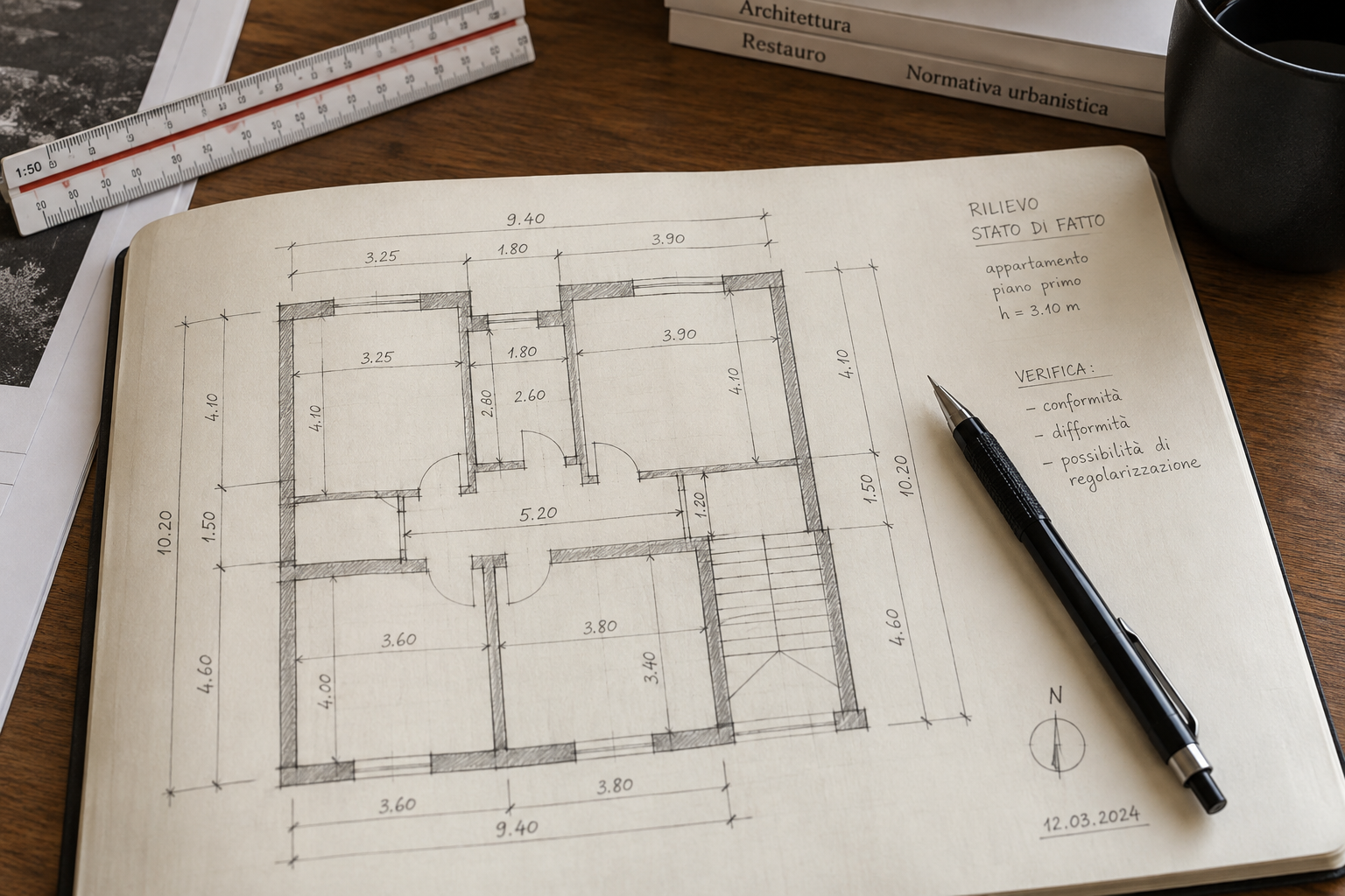 Schizzo a matita di un rilievo architettonico quotato su taccuino