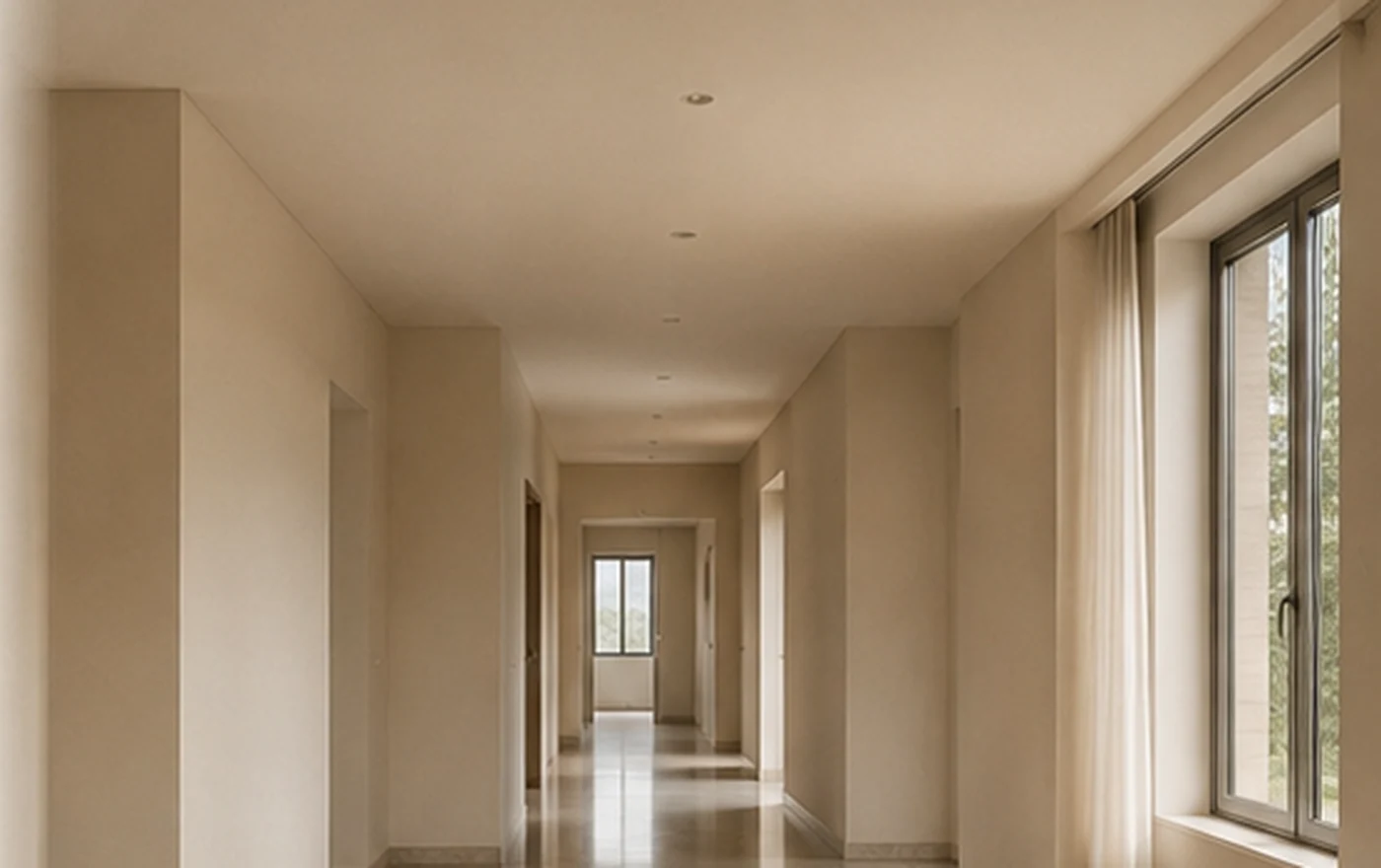 Corridoio residenziale lungo con ampie superfici di passaggio