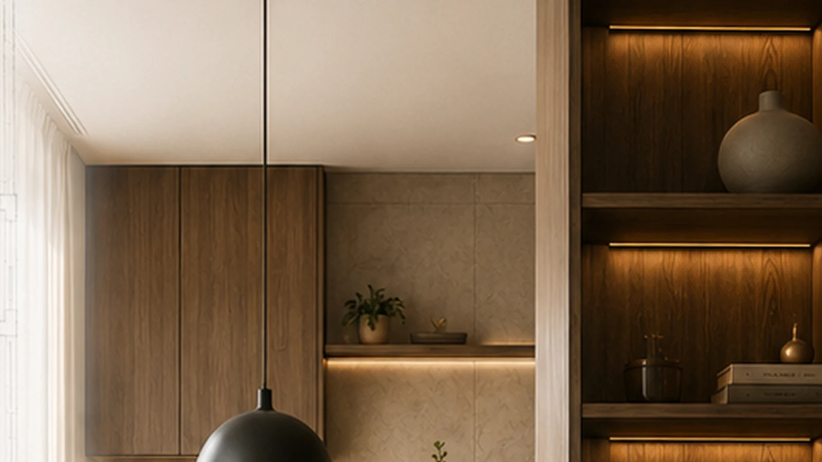 Zona giorno contemporanea con cucina e contenimento integrato