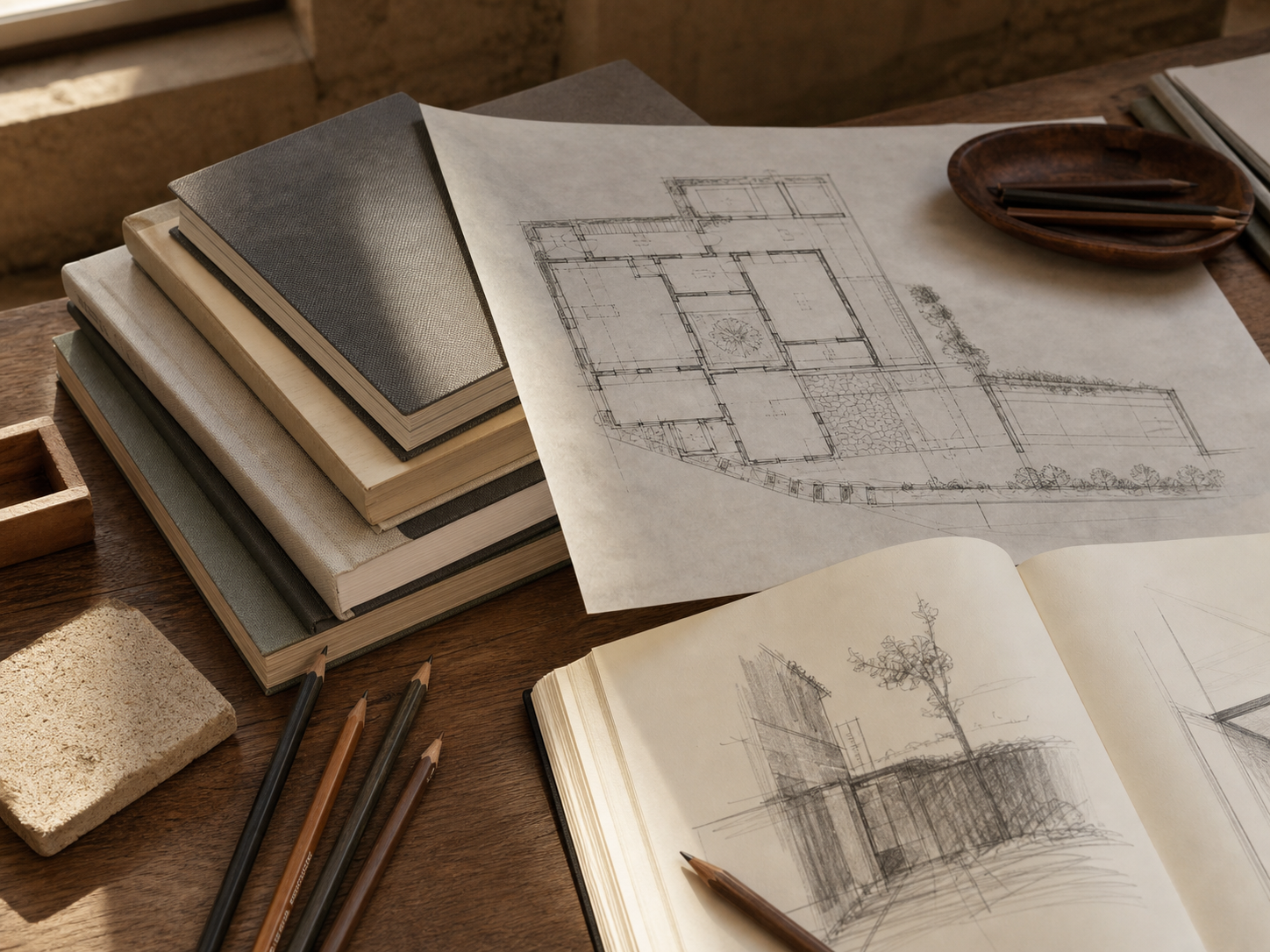 Libri, matite, schizzi e planimetria per le Guide dello studio