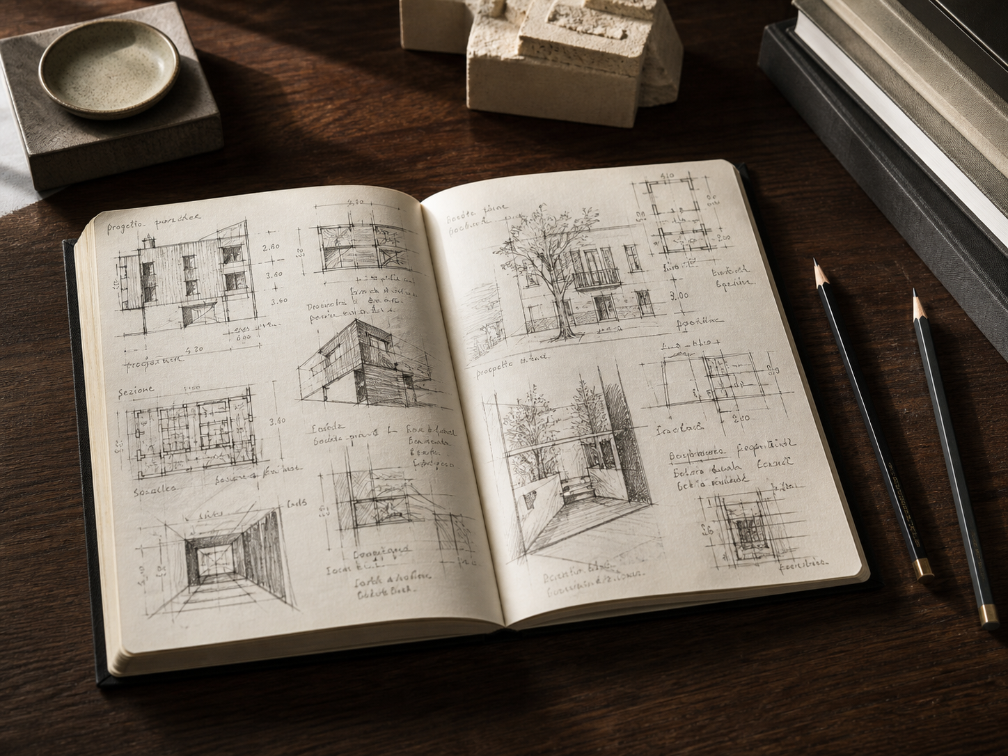 Taccuino aperto con appunti e schizzi di architettura